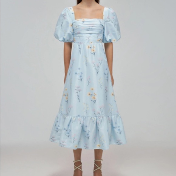 Self-Portrait Watercolor Taffeta Midi Dress, Blue Floral - Picture 2 of 4